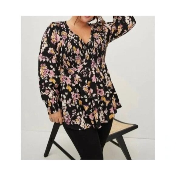 Torrid 2 Floral Babydoll Top Womens Size 2X Black Long Sleeve Smocked Tunic - Picture 9 of 9